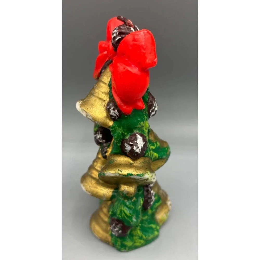 Vtg Christmas Wax Candle Gold Bells with Red Bow‎ & Greenery